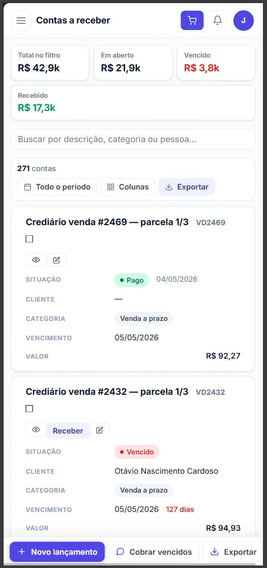 Contas a receber no celular com parcelas pagas e vencidas