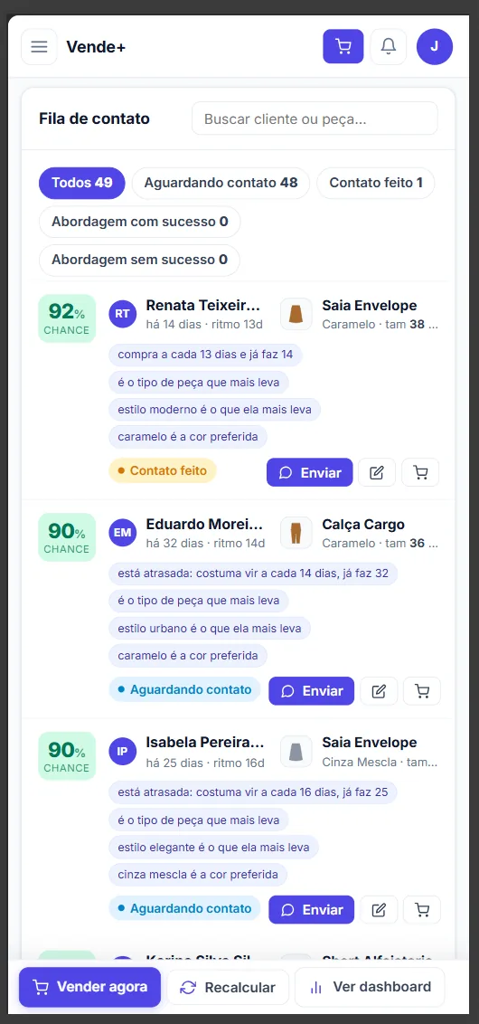 Fila de contato do Vende+ no celular com a chance de cada cliente comprar