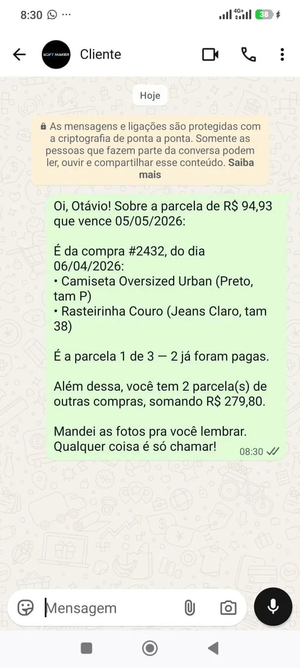 Cobrança de parcela pelo WhatsApp com as peças da compra
