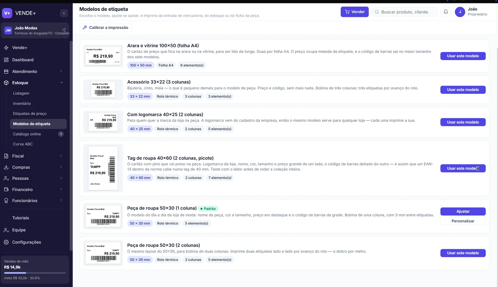 Modelos de etiqueta prontos do VENDE+
